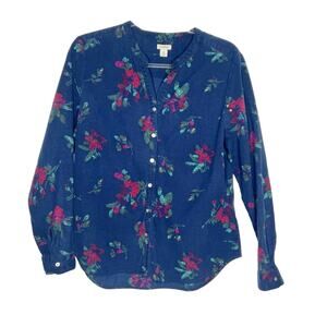 L.L.BEAN Floral Pearlescent Button-Down Shirt Long Sleeve Blue Multi Size Medium